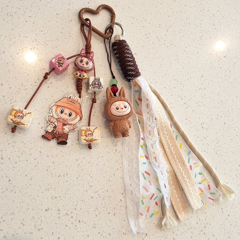 Handmade Labubu Brown Beige Keychain Bag Charm, New